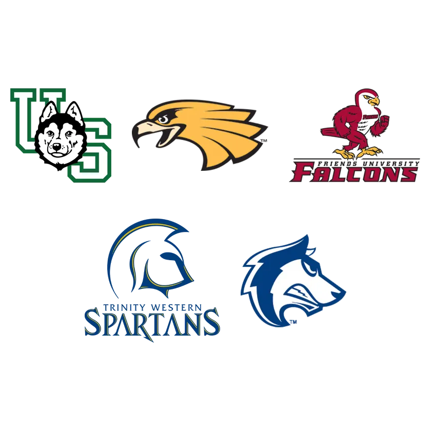 Logos of our first five college programs: University of Saskatchewan, University of Minnesota Crookston, Friends University, Trinity Western University and Colorado State University Pueblo
